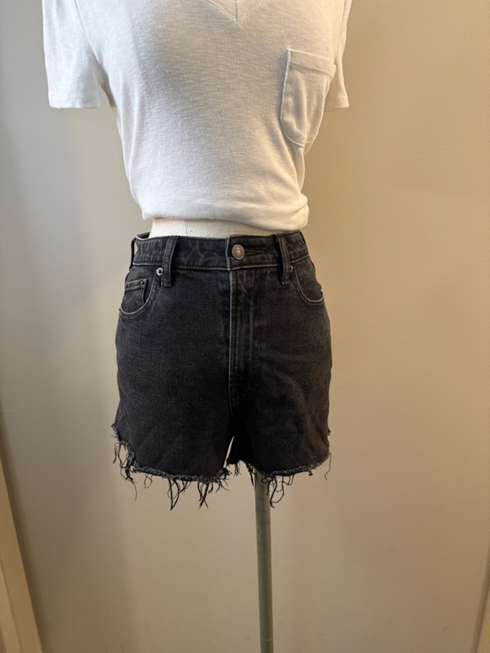 Abercrombie & Fitch Black High-Rise Frayed Hem Denim Shorts